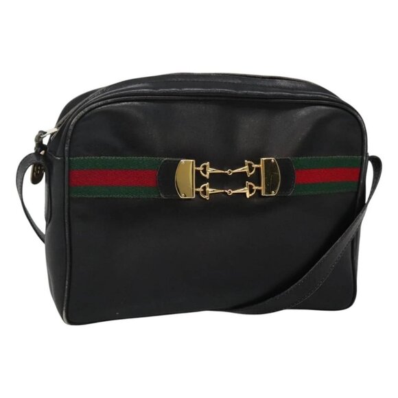GUCCI Web Sherry Line Shoulder Bag Leather Black Red Green - Picture 1 of 16